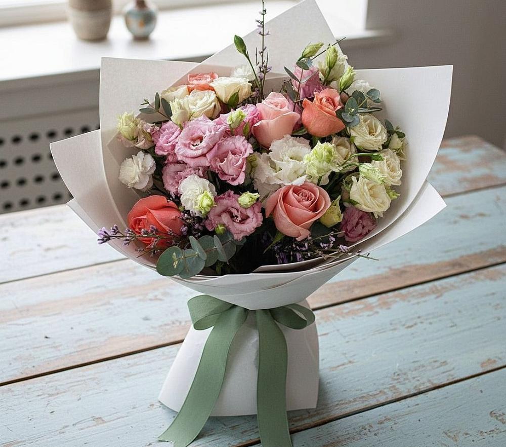 Букет цветов из: Розы, Лизиантусы и Гвоздики в Воровсколесской